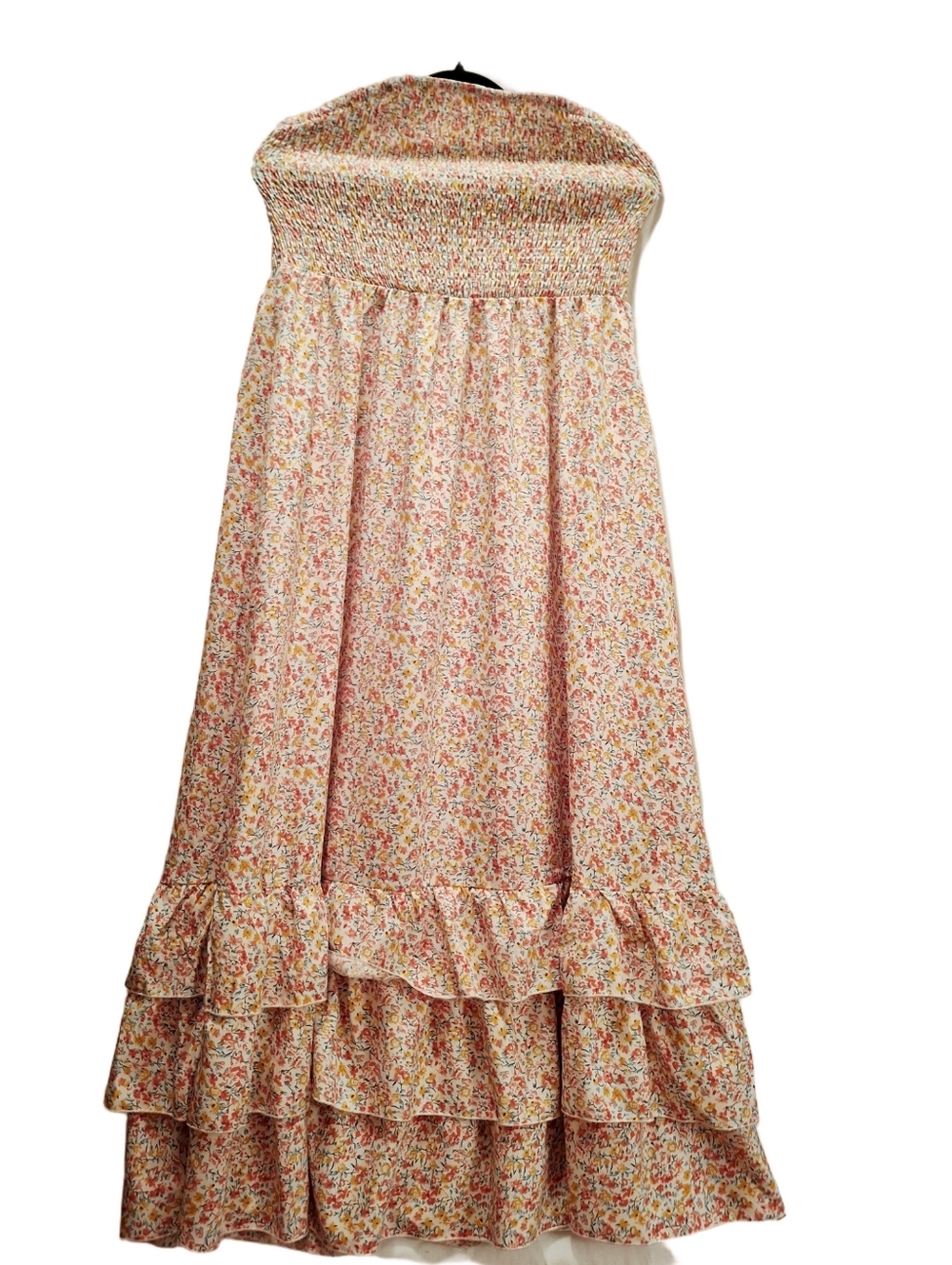 Strapless Floral Ruffle Maxi Dress Ditzy Cottage Core Smocked Pink Floral